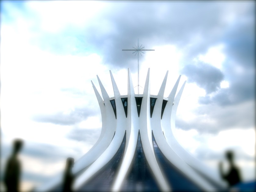 The illusion of two hands together reaching up to the sky creates the Metropolitan Cathedral of Brasilia