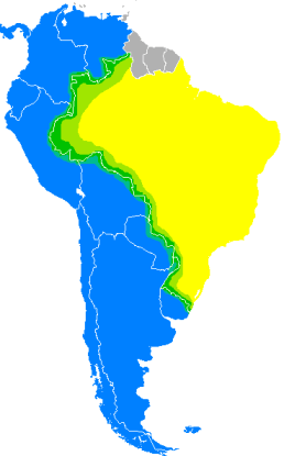 In green, the areas where "Portunol"  is spoken in South America. Image downloaded from wikipedia.com